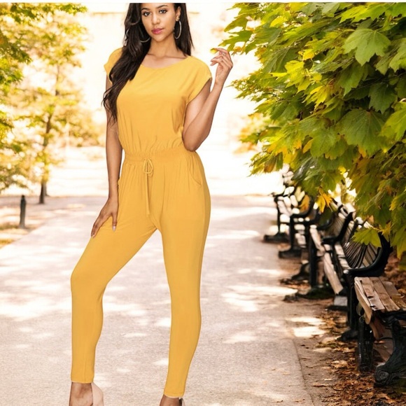 Super Comfy Capella Mustard Ladies Two-Way Shoulder Drawstring Jumpsuit - Picture 12 of 16